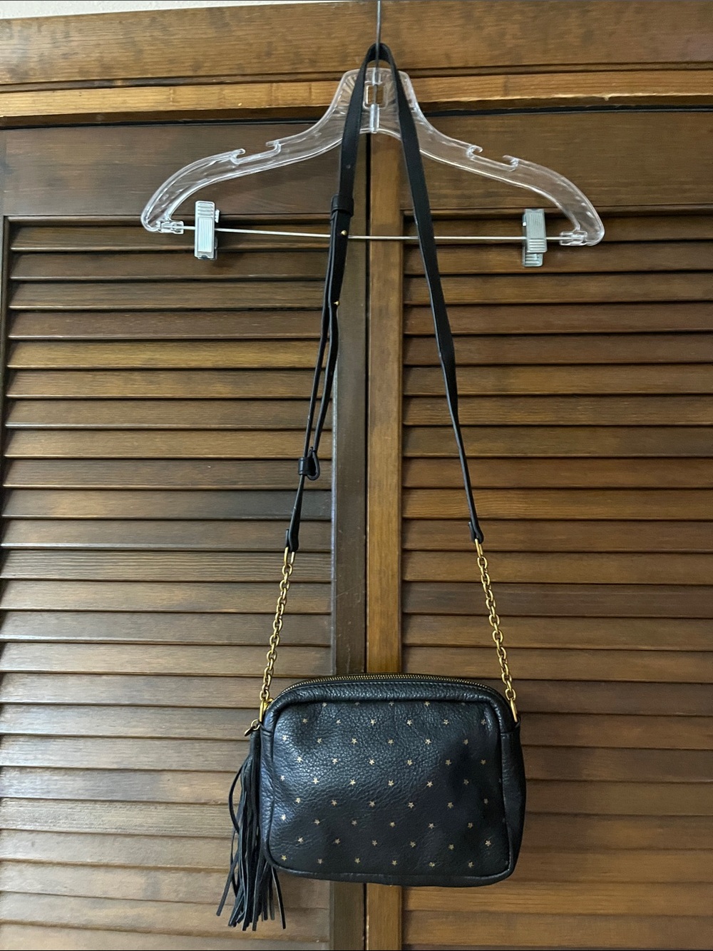 HOBO Black Leather Crossbody with Gold Stud Accents and Tassel
